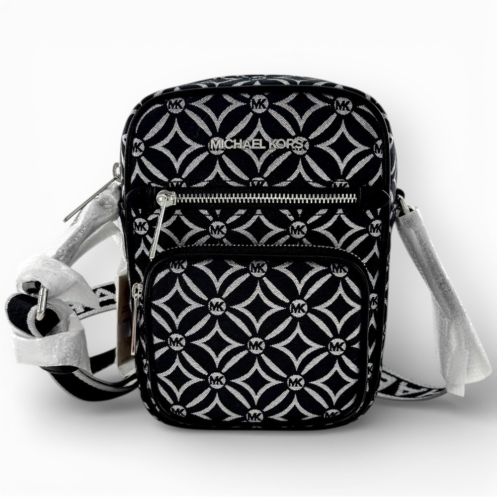NWT Michael Kors Jet Set Crossbody Black Metallic Silver Logo Jacquard - Picture 5 of 10